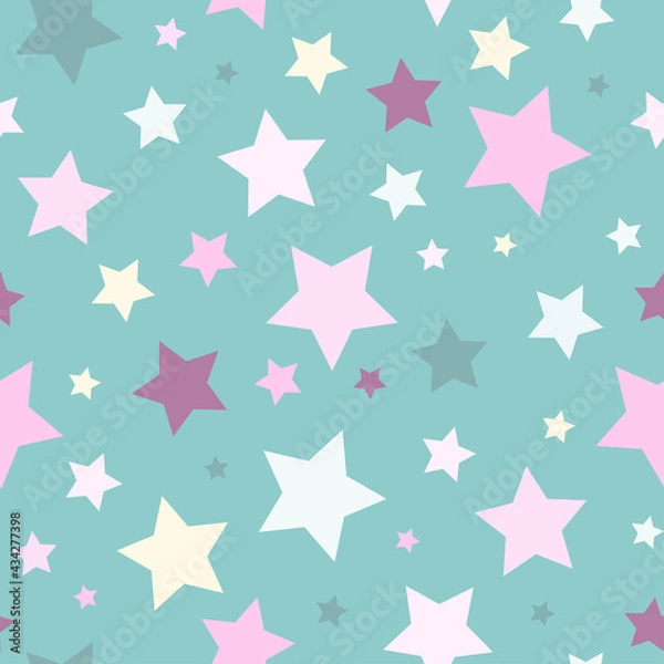 Obraz Seamless cute pattern with pink, yellow and green stars on pastel blue background.