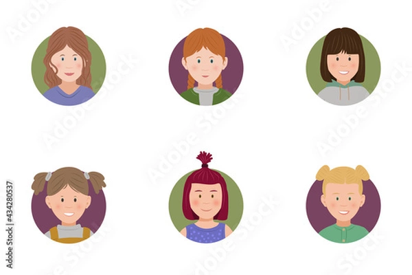 Obraz Set of cute little girls cartoon avatar-character face in a circle, flat vector illustration isolated on a white background.