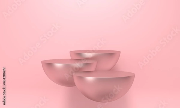 Fototapeta Three metallic flying podiums for cosmetics on pink background. 3d rendering