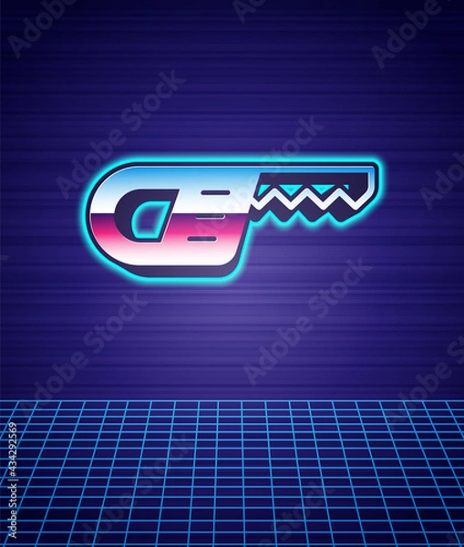 Fototapeta Retro style Reciprocating saw and saw blade icon isolated futuristic landscape background. 80s fashion party. Vector