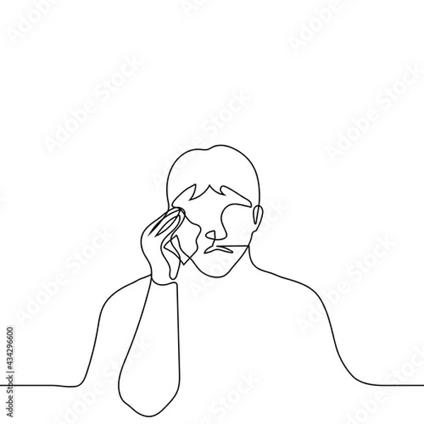 Fototapeta man crying and wiping his tears with a handkerchief - one line drawing vector. concept of sobbing alone, mourning grief