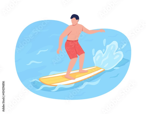 Fototapeta Surfing 2D vector web banner, poster. Surfer flat character on cartoon background. Beach vacation. Extreme water sport. Summer leisure activity printable patch, colorful web element