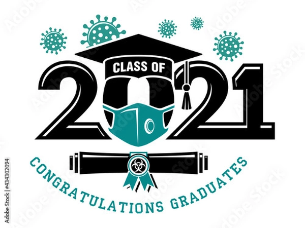Fototapeta Quarantine graduation class of 2021. Concept for flyers, greeting card, prom invitations, T-shirt uniform emblems. Vector on transparent background