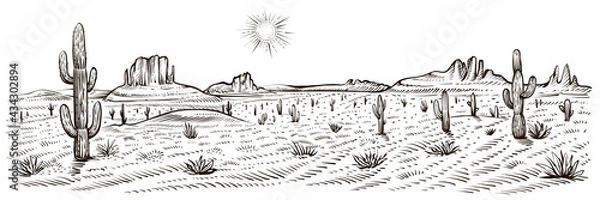 Fototapeta Desert landscape panorama, vector illustration. Line sketch.