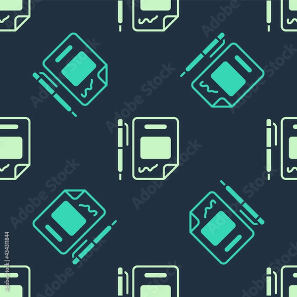 Fototapeta Green and beige Contract money and pen icon isolated seamless pattern on blue background. Banking document dollar file finance money page. Vector