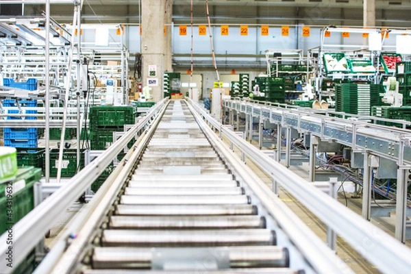 Obraz Assembly line with crates on the side