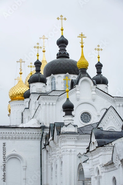 Fototapeta Black and gold domes of white Epiphany monastery of St. Anastasia cathedral. Traditional Russian orthodox architecture. Kostroma, Golden Ring, Russia. Vertical orientation 
