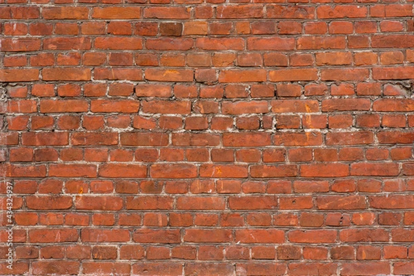 Fototapeta Old red brick wall background. Grunge brickwall texture. Empty abstract stonewall backdrop. Aged orange masonry with copy space