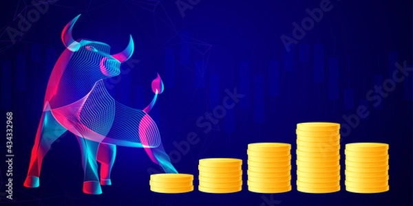 Fototapeta Stack of golden coins with abstract silhouette of a bull. Business investment, trading and saving money concept. Vector neon line art illustration of financial growth and dividends in bullish market