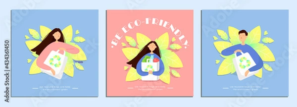 Fototapeta Greeting card of girl  and boy with eco bag on the background of leaves and inscription . Shopping without waste, reusable, environmental concern. Flat design style minimal vector poster.
