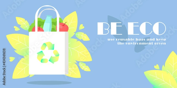 Fototapeta Ecology concept. Girl with eco bag on the background of leaves and phone. Shopping without waste, reusable, environmental concern. Flat design style minimal vector banner.