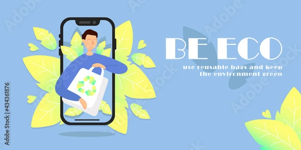 Fototapeta Ecology concept. Girl with eco bag on the background of leaves and phone. Shopping without waste, reusable, environmental concern. Flat design style minimal vector banner.