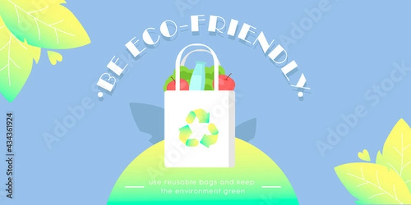 Fototapeta Ecology concept. Girl with eco bag on the background of leaves and phone. Shopping without waste, reusable, environmental concern. Flat design style minimal vector banner.