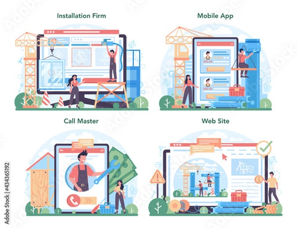 Fototapeta Installer online service or platform set. Worker in uniform installing