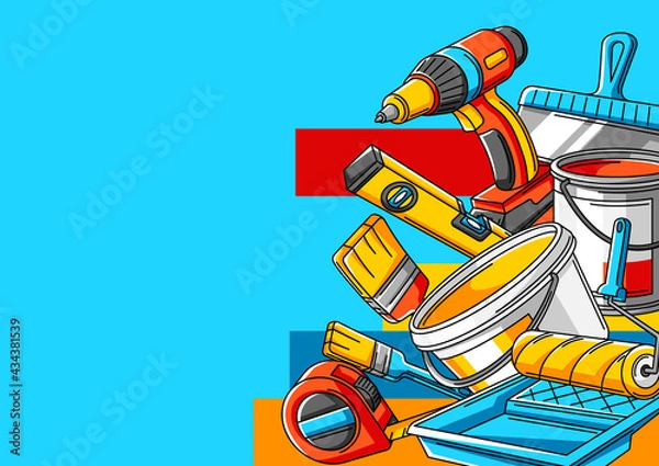 Fototapeta Background with repair working tools. Equipment for construction industry.