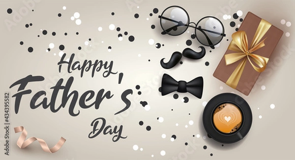 Fototapeta card or banner on a Happy Father's Day in black on a gradient gray background with around a cup of coffee, a mustache, a bow tie, a gift, a pair of glasses