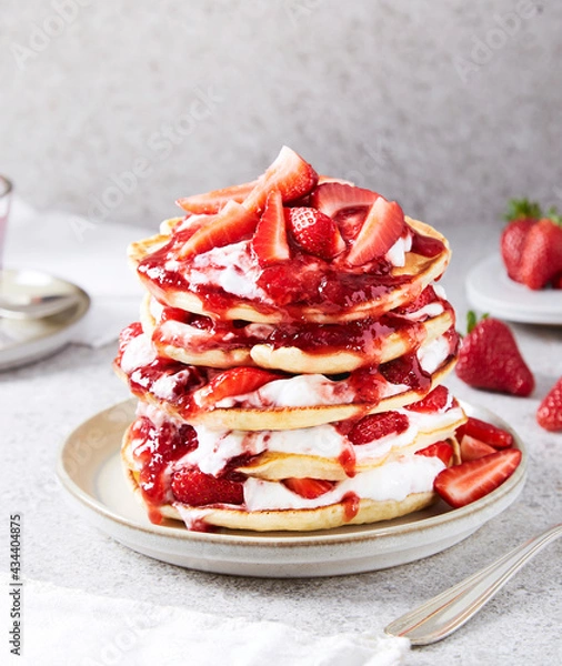 Obraz strawberry yoghurt cream jam pancake tower