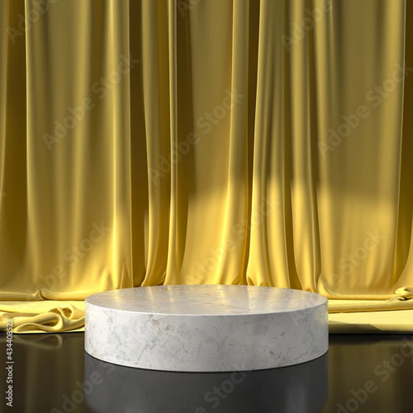Fototapeta Podium With Yellow Curtain Scene. 3D Rendered Image