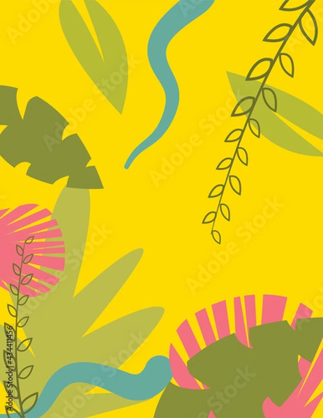 Fototapeta Beautiful background with tropical leaves for postcards and backgrounds for banners and publications. Vector graphics. Green leaves on a yellow background. EPS illustration.