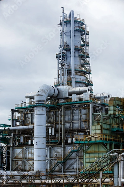 Fototapeta View of oil and gas refinery plant in Yaroslavl region. Petrochemical and chemical distillation process constructions and production communications.  Gasoline, petroleum, petrol production