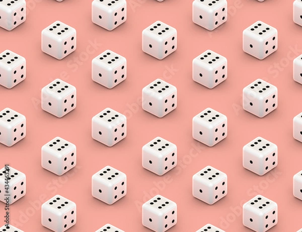 Fototapeta Seamless dice isometric pattern on pink background, 3d illustration. Concept of gambling and game