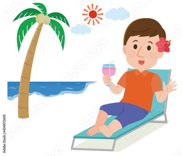 Fototapeta ビーチリゾートでバカンスを楽しむ男性　イラスト