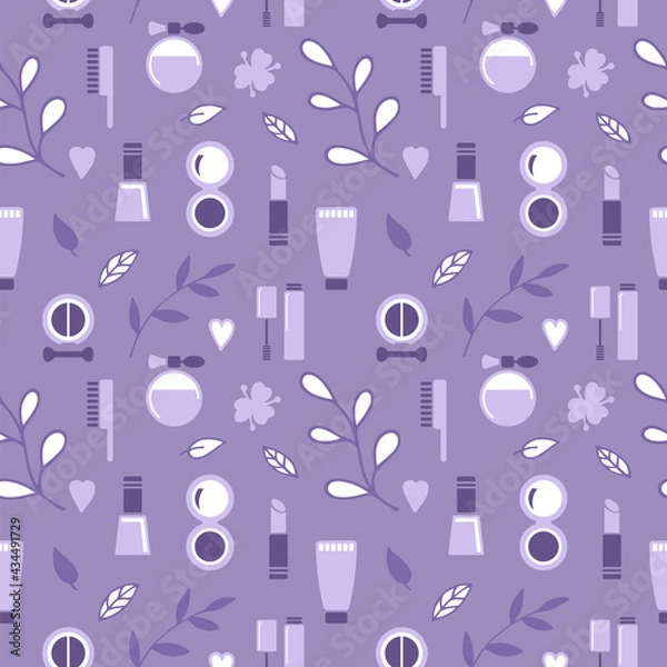 Fototapeta Seamless texture from cosmetics icons and floral elements, pattern, abstract background, wallpaper