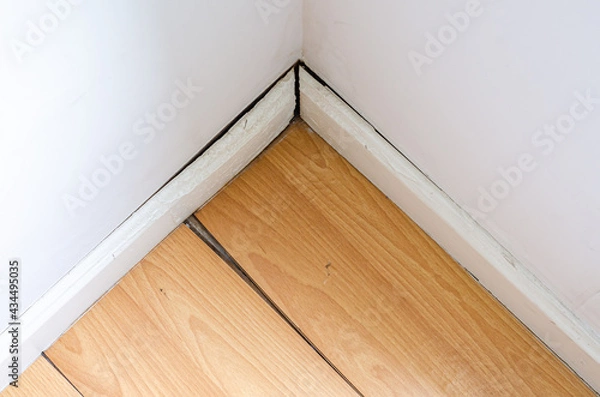 Fototapeta Parquet or wooden floor in the room with floor damaged by destructive elements from moisture or water.