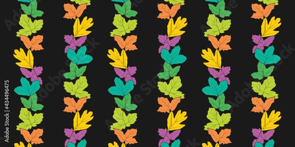Obraz Colorful leaves vector silhouettes seamless pattern with black background. Great for fabric, textile print, packaging or giftwrap, wallpaper. Surface pattern design.