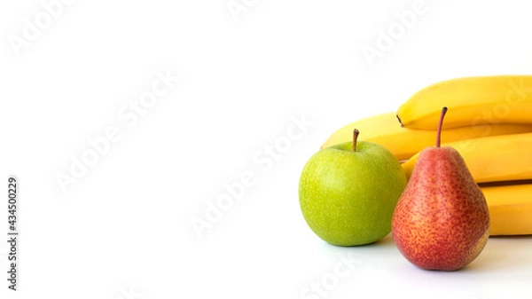 Fototapeta Banner. Fruits: banana, apple and pear, isolated on a white background. Copy space.