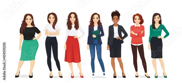 Fototapeta Group of different elegant casual business women standing isolated vector illustration