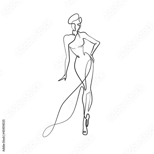 Fototapeta Beautiful fashion woman abstract silhouette, continuous line drawing, girl in long dress, single line on a white background, isolated vector illustration. Tattoo, print and logo design, beauty salon.