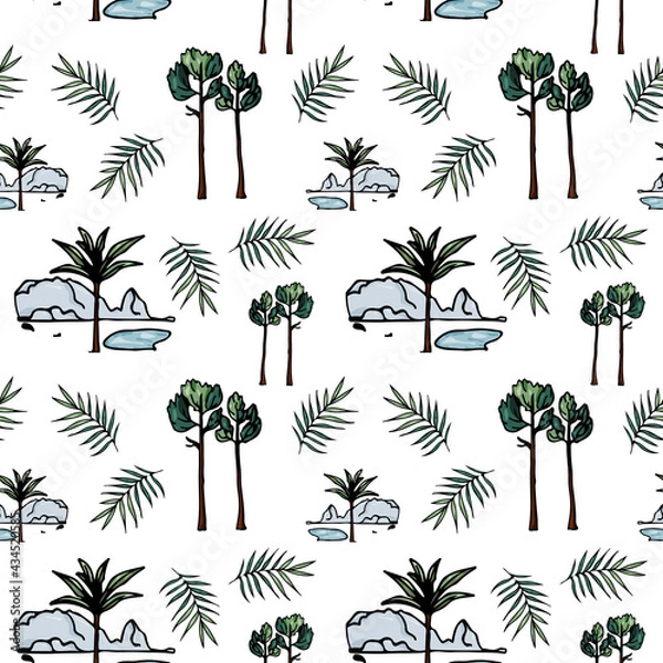 Fototapeta Floral seamless pattern - tropical trees and leaves. Vector illustration in hand drawn style