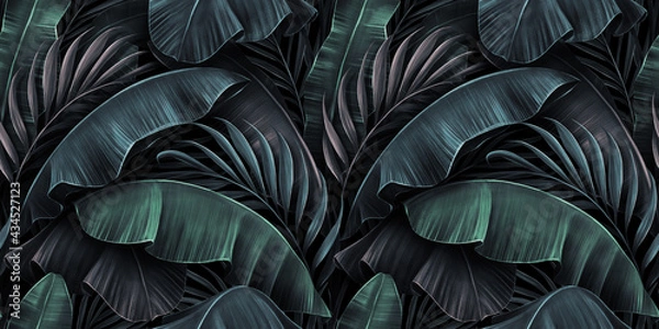 Fototapeta Tropical exotic seamless pattern with neon light color banana leaves, palm on night dark background. Premium hand-drawn textured vintage 3D illustration. Good for luxury wallpapers, fabric printing
