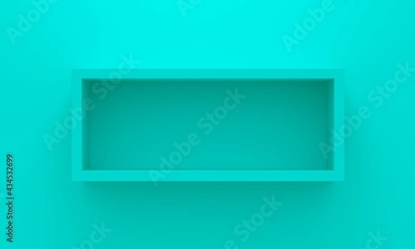 Fototapeta Empty rectangular shelf on blue wall. 3d rendering