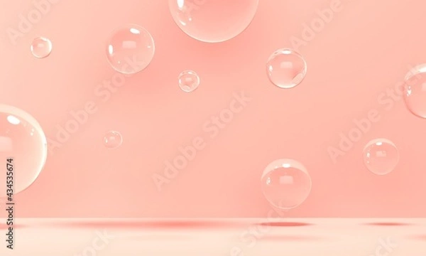 Fototapeta Transparent bubbles fly on pink background. 3d rendering