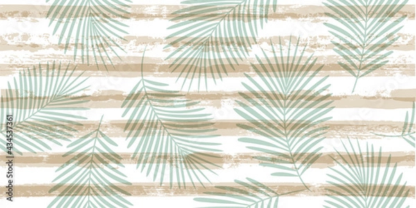 Fototapeta Tropical pattern, palm leaves seamless vector floral background. Exotic plant on blue stripes print illustration. Summer nature jungle print. Leaves of palm tree on paint lines. ink brush strokes