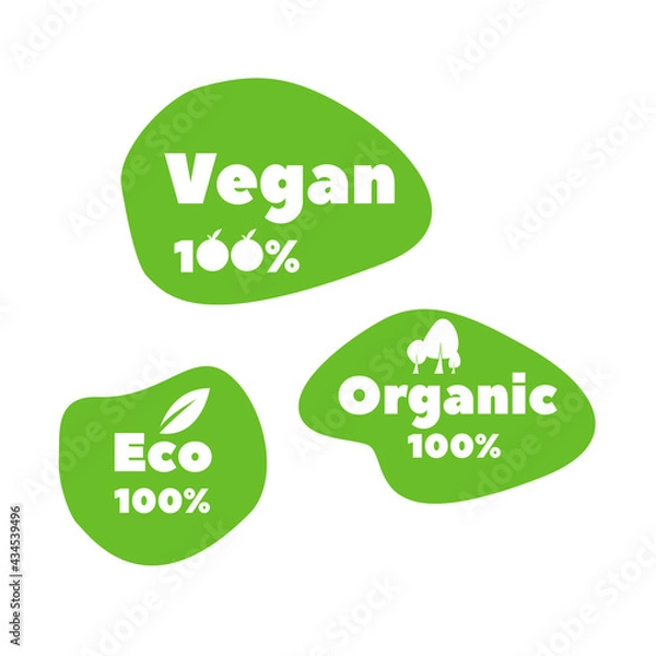 Fototapeta Vegan, Eco and organic set in vector EPS. 100% quality and plant based. Plant based market and product icons set. Green background and leaf as a simbol of eco product.