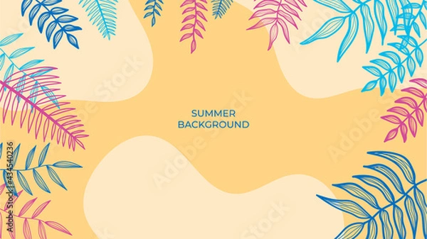 Fototapeta Colourful minimal summer background with flowers and tropical summer leaf. Luxury minimal style wallpaper with golden line art flower and botanical leaves, Organic shapes. Summer sale banner vector