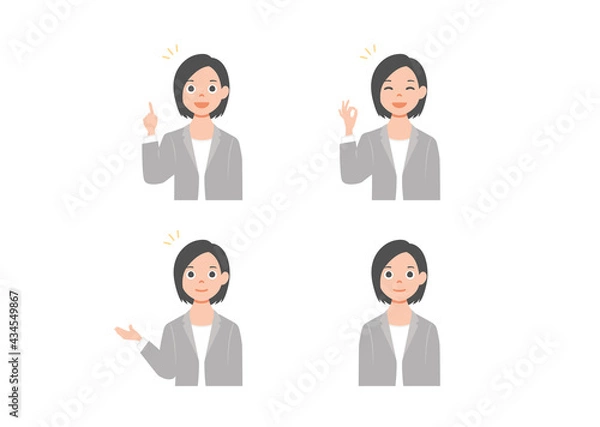 Fototapeta Business woman set with professional young female employee or teacher in different gestures and pose.  Isolated on white background. Colorful vector illustration in flat style