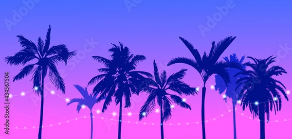 Obraz Vector illustration, image of palm trees on a warm summer evening