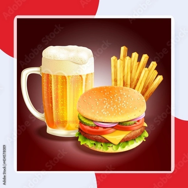 Fototapeta Hamburger french fries and beer glass mug realistic background vector illustration