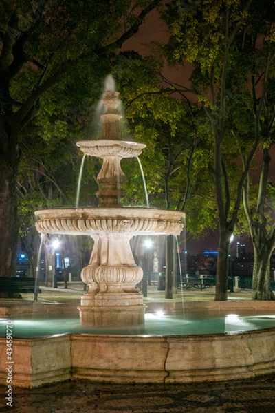 Fototapeta Night view of the fountain in the São Pedro de Alcântara garden, next to the viewpoint, in Lisbon, Portugal