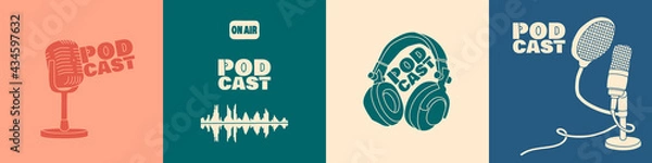 Obraz A set of covers for a podcast or broadcast show. Vector trendy flat illustration in pastel colors. EPS 10