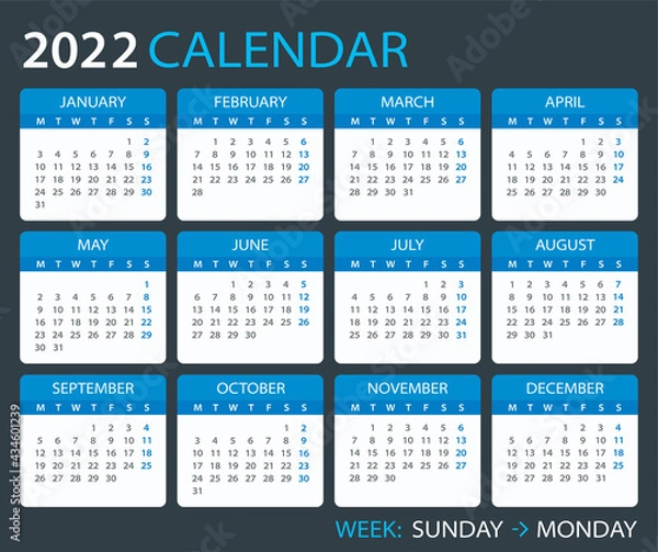Fototapeta 2022 Calendar - Week starts from Monday. European version - vector template graphic illustration