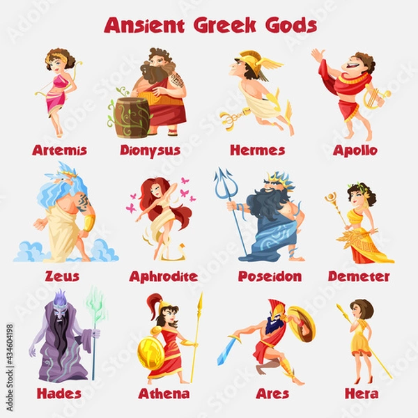 Fototapeta Old greek gods cartoon figures set with dionysus zeus poseidon aphrodite apollo athena vector illustration