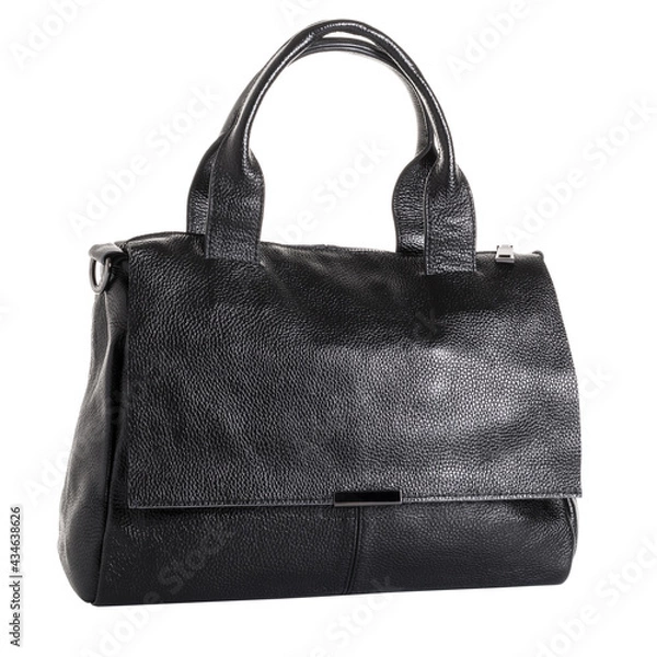 Obraz Black grained leather bag for women. Short handles for carrying the bag in the hands. On a white background