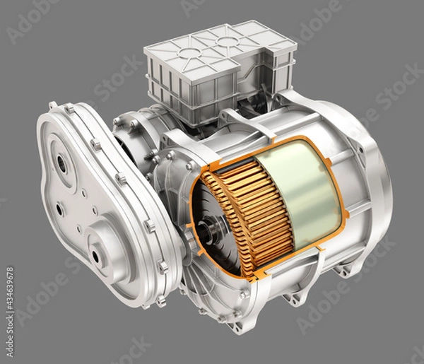 Fototapeta Cutaway view of Electric Vehicle Motor on gray background. 3D rendering image.