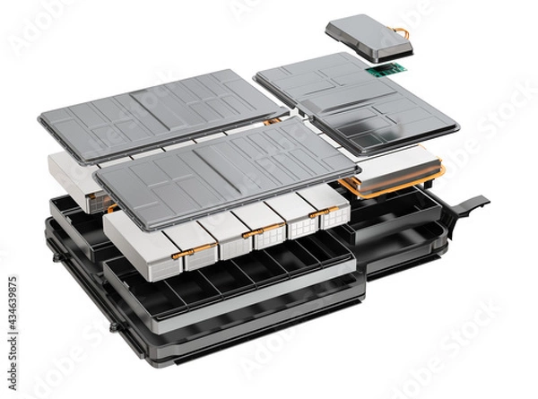 Fototapeta Exploded view of Electric Vehicle's battery pack isolated on white background. 3D rendering image.