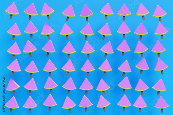 Fototapeta 3d illustration seamless pattern of a slice of watermelon on a stick like ice cream on a blue background. Summer background, template